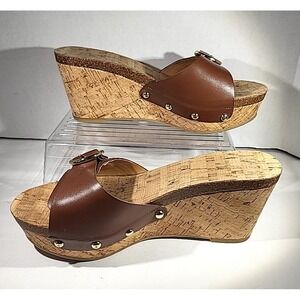 Tommy Hilfiger Twhondra Brown Cork Wedge Slip‑On Sandals Women's 6.5